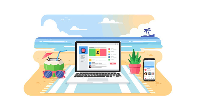 Laptop and smartphone on beach towel with tropical drink and plant.