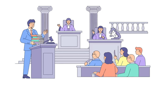 Lawyer Presenting Case in Courtroom with Judges and Jury.