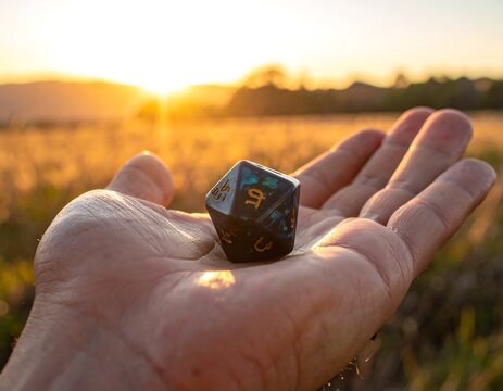 Close-up of a human hand holding a multi-sided die. Background shows a sunlit field at dusk. Dramatic lighting