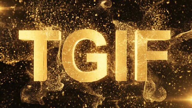 Golden TGIF text with sparkling particles and abstract background, celebrating the end of the work week.