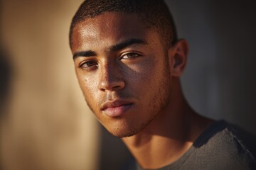 Obraz premium Close-up portrait of a young adult man of mixed ethnicity with thoughtful expression