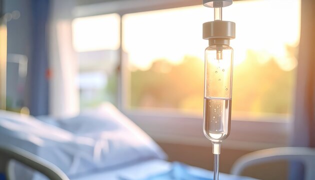 Close up of intravenous saline bag hanging from a metal stand in a hospital room with sunlight