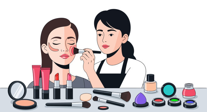Makeup artist applying cosmetics to a womans face.