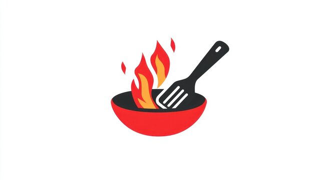 Culinary concept burning bowl with flame, utensil on white backdrop