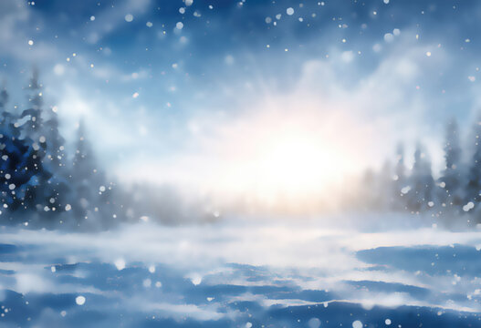 Bright sun through falling snow illuminates frosted forest and snowy landscape
