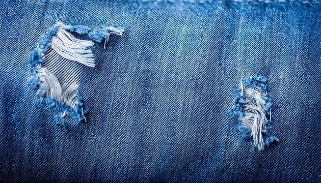 close up of frayed and distressed blue denim fabric showing texture and tattered edges perfect for fashion and textile themes
