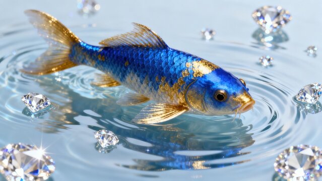 Blue and gold fish in water with diamonds
