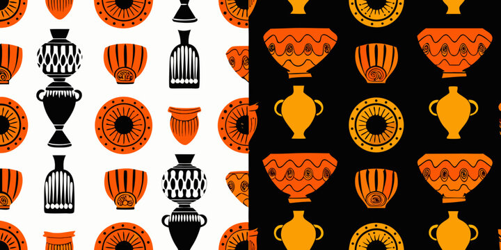 ancient greek pottery illustrations seamless pattern with black and orange
