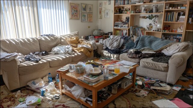 Chaotic living room clutter with unwashed dishes and laundry