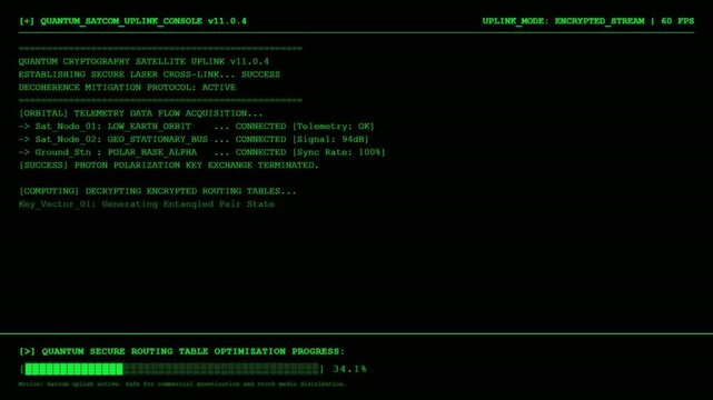 Quantum Satcom Uplink Console Terminal Displaying Cryptography Satellite Data Stream Decrypting Routing Tables And Quantum Secure Routing Table Optimization Progress Green HUD Screen Background.