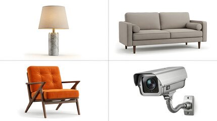 Fototapeta premium Home Comfort and Security: A collage featuring a stylish lamp, a comfortable sofa, an accent chair, and a surveillance camera, representing interior design and safety.