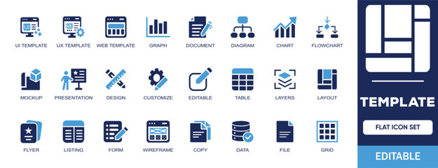 Fototapeta premium Template editable solid icon set. Containing graph, document, diagram, chart, flowchart, editable, table, layer, layout, grid, wire frame, form, data and more illustration vector icons collection.