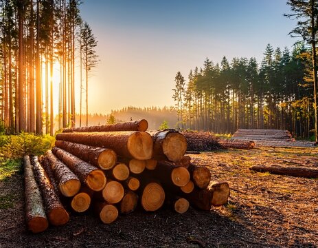 stack of cut pine logs in forest at sunrise sustainable wood harvesting and natural forestry background