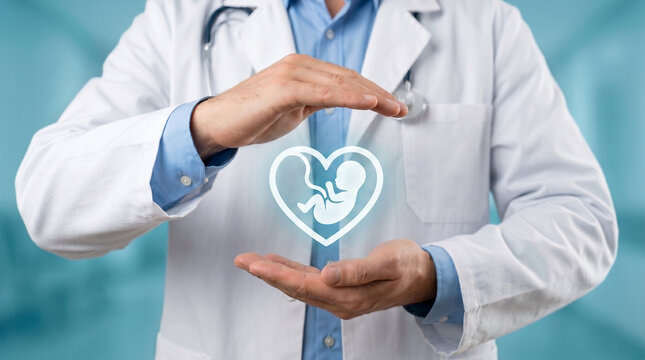 doctor protecting glowing embryo heart icon for ivf fertility treatment surrogacy pregnancy care and reproductive healthcare concept