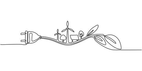 Naklejka premium Continuous Line Drawing Renewable Green Energy Infrastructure Vector
