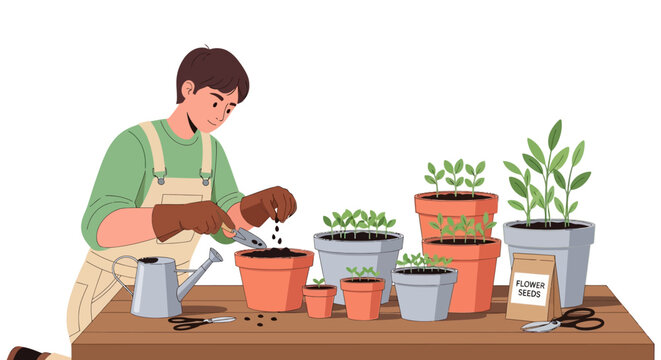 Man planting seeds in pots on a table.