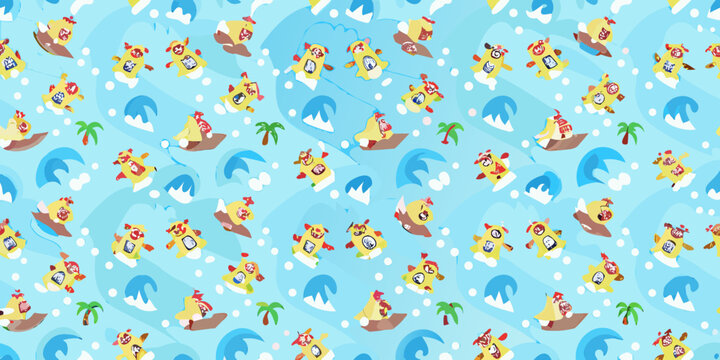 Surfing corgis pattern playful dogs riding waves on light blue background