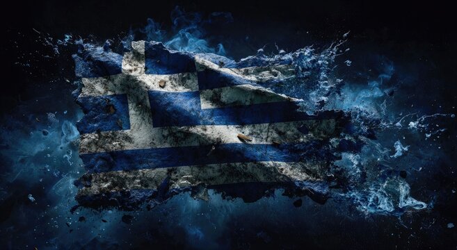 Shattered national emblem of Greece disintegrates with turbulent energy