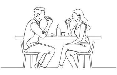 Fototapeta premium Continuous one line drawing of man and woman sitting at bar counter and drinking together.