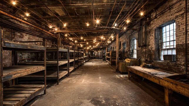 Gritty workshop barrack scene featuring rows of bunk beds and exposed pipes