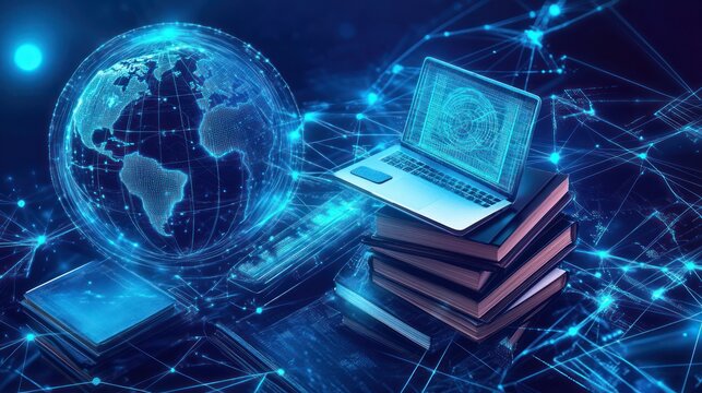 Global digital learning concept, world map, laptop, books