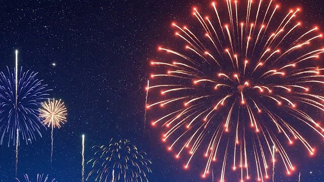 Bright colorful fireworks explode in the dark night sky during a celebration event