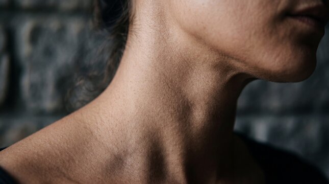 An extreme close-up side profile highlights the delicate contours of a person's neck and jaw against a dark wall, conveying a raw sense of vulnerability, stillness, and tension.