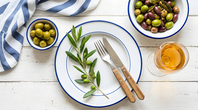 Mediterranean Olive Platter With White Wine Glass | Table Setting With Fresh Olives And Branch | Healthy Greek Appetizer Flat Lay On White Wood | Olive Branch Dining Decoration Tableware Concept