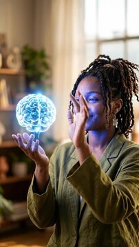 A woman with braided hair gently holds a luminous, holographic brain, symbolizing the power of knowledge and cognitive processes in this futuristic depiction of intellect and learning.