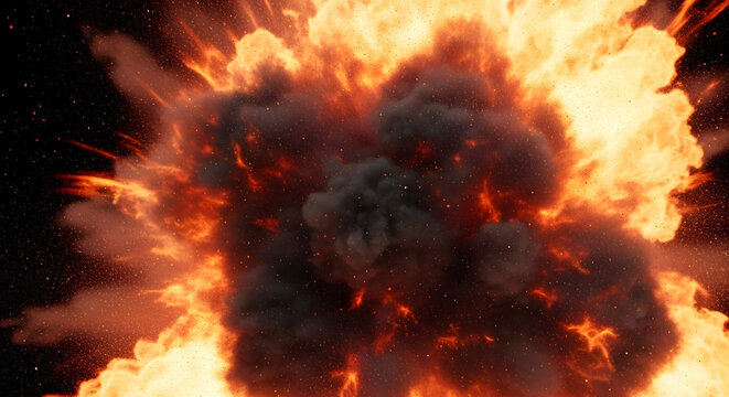 Dramatic explosion with fire and smoke against a dark starry background