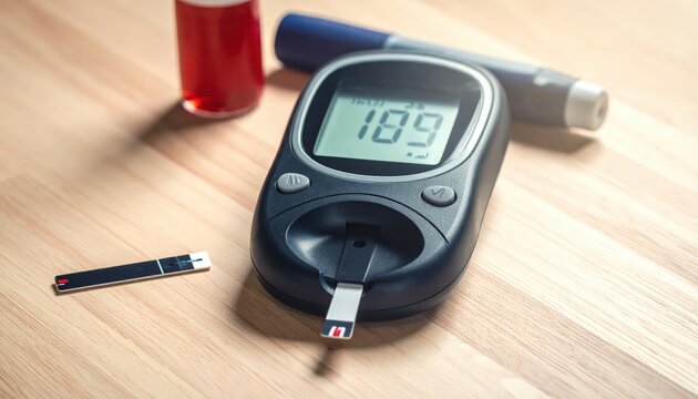 Close up of a digital glucometer with a test strip inserted displaying a blood sugar reading on a wooden table
