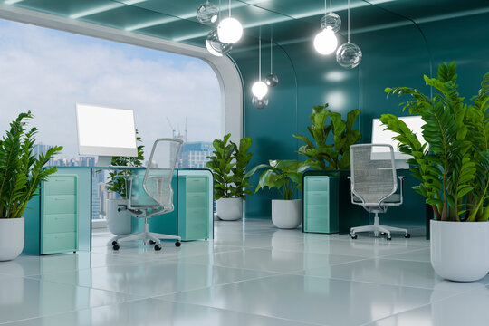 3D biophilic glass office with teal desk and city view