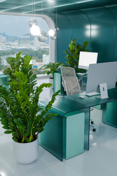 3D botanical workstation with teal desk and skyline view