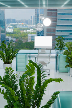 3D city office suite framed by plant and glowing pendant