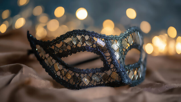 Ornate black lace mask with shimmering sequins rests on luxurious satin fabric