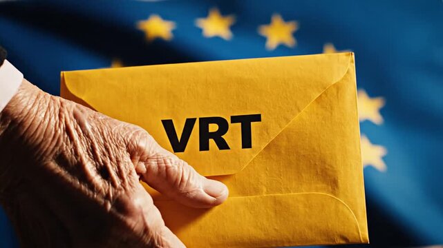 Elderly hand holding VRT envelope in front of European Union flag
