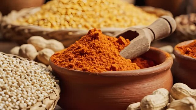Assortment of Dried Spices and Legumes in Baskets.
