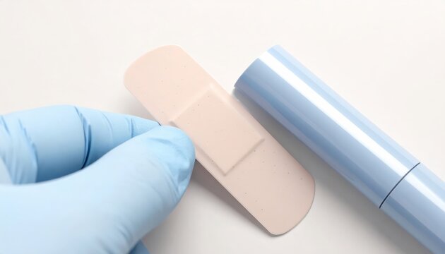Gloved hand carefully peels transdermal medication patch from its protective backing, ready for application.