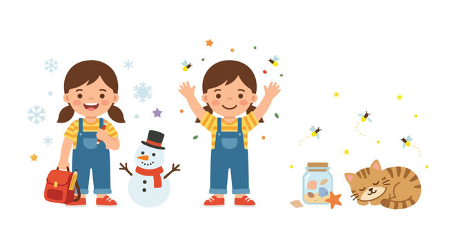 This illustration features a cheerful young girl in two poses, alongside a snowman, a jar of seashells, a sleeping cat, and glowing fireflies.