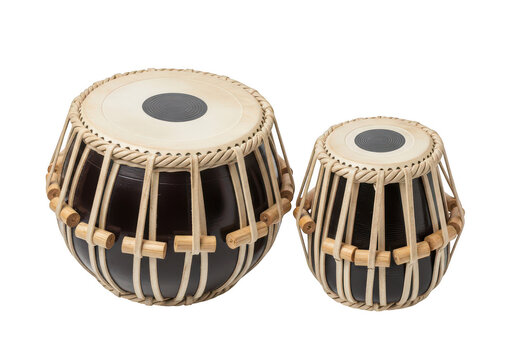 Pair of traditional wooden handcrafted tabla drums with black goat skin isolated on transparent background