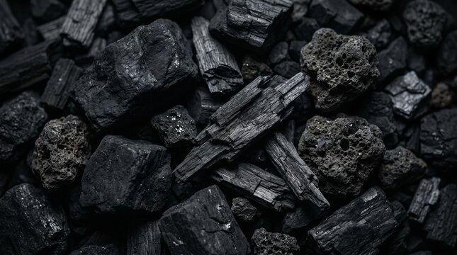 A close-up view of various coal chunks and lumps scattered on a surface.