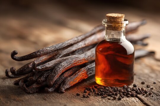 Aromatische Vanille f&Atilde;&frac14;r Backen: Bohnen, Samen und Extrakt auf Holzplatte