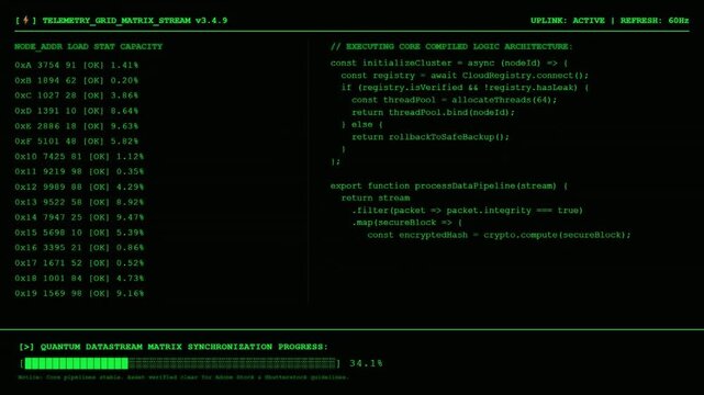 Green Telemetry Grid Matrix Stream Terminal Displaying Core Compiled Logic Source Code And Data stream Synchronization Progress HUD Screen Background.