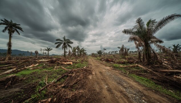 Barren path through deforested land under ominous, cloudy sky