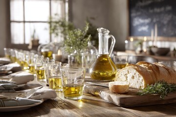 Obraz premium Home dining scene with olive oil tasting cups, bread board, and glass cruets