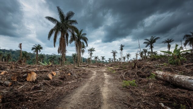 A dirt path leads through a deforested area with fallen trees and remaining palms under stormy skies