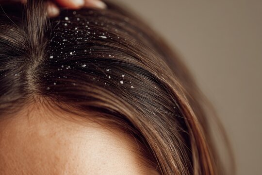 Close-up photograph of brunette hair with white dandruff flakes on the scalp