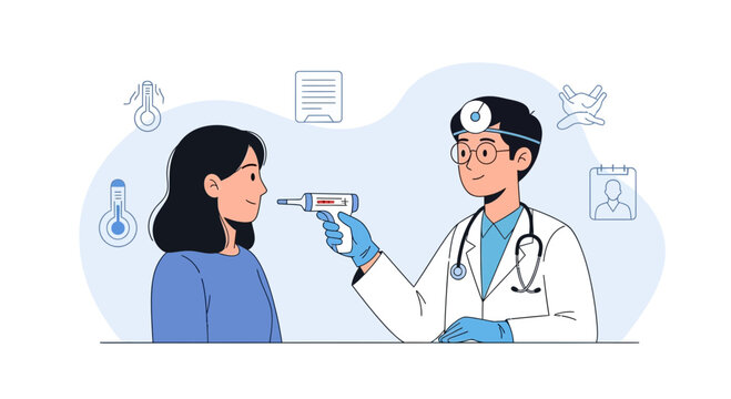 Doctor checking temperature of young woman with digital thermometer, medical illustration