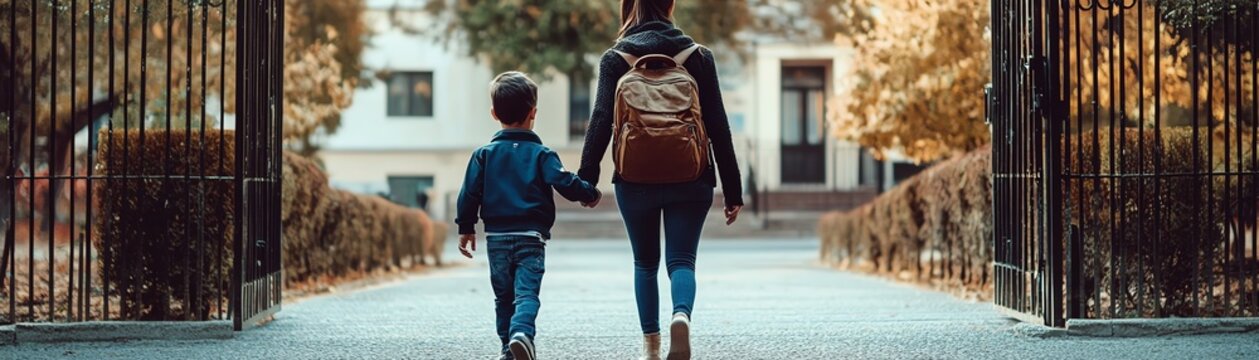 Mother Marketing Mother and child walking through a park gate. professional stock content marketing concept