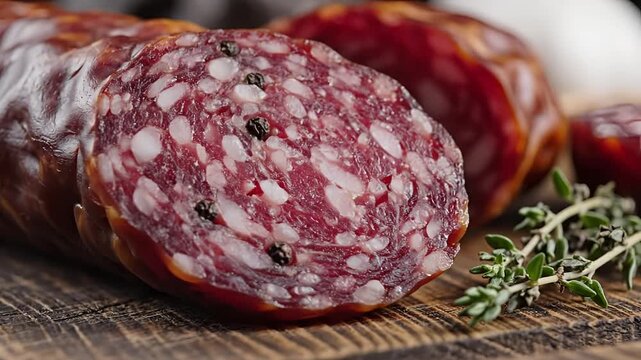 Close up of sliced salami on a wooden board with herbs.